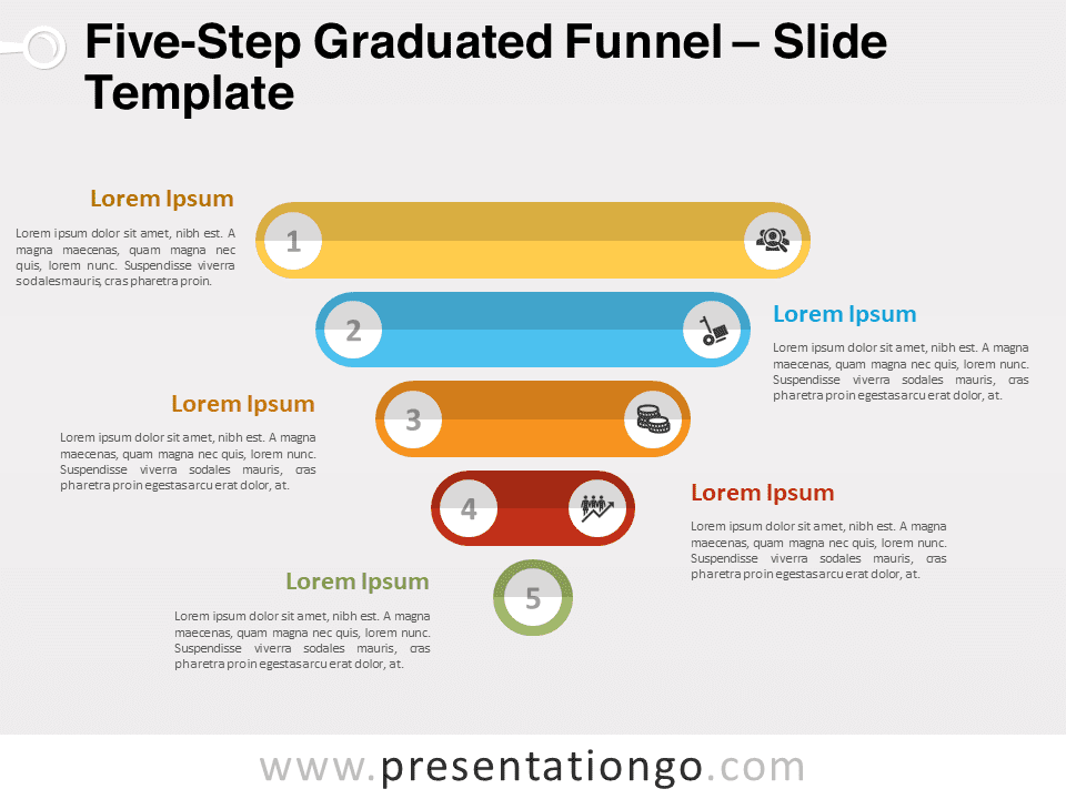 Free Five-Step Graduated Funnel for PowerPoint featuring five centrally aligned perforated strips in a funnel shape.